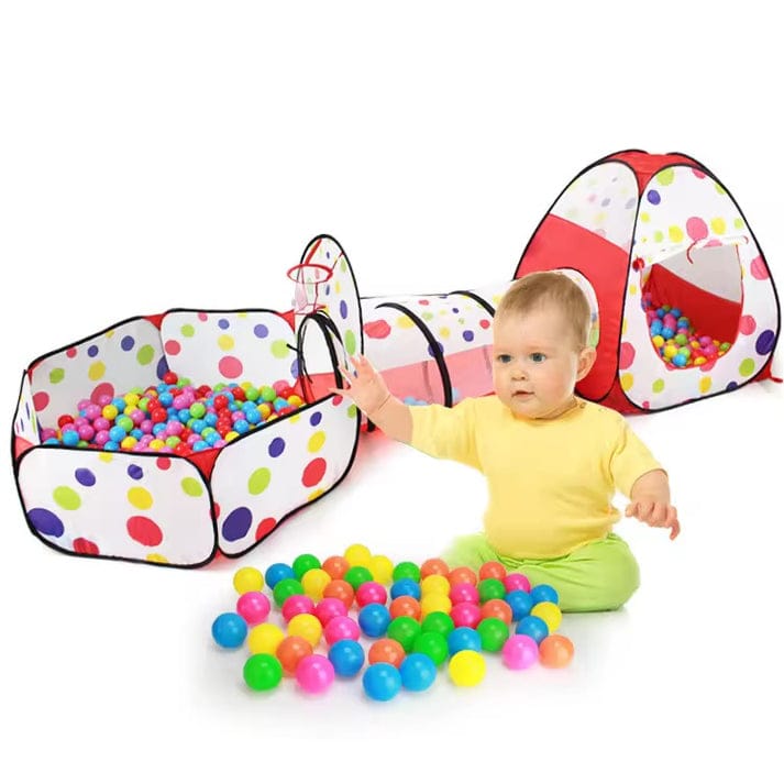 3 in 1 Set Kids Tent Play Tunnel, Baby Ball Pit with Basketball Hoop, Tunnel Crawl playhouse( Free 50 Balls Included)